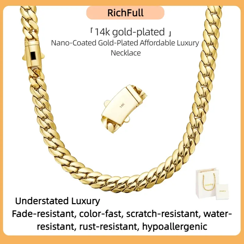 14K gold-plated luxury light jewelry Cuban bracelet.10 mm nano electroplated gold coating.Stainless steel chain.Polished finish with a snap fastener—understated luxury.Daily wear, party occasions, swimming and fitness, couples’ wear, gift box packaging—an