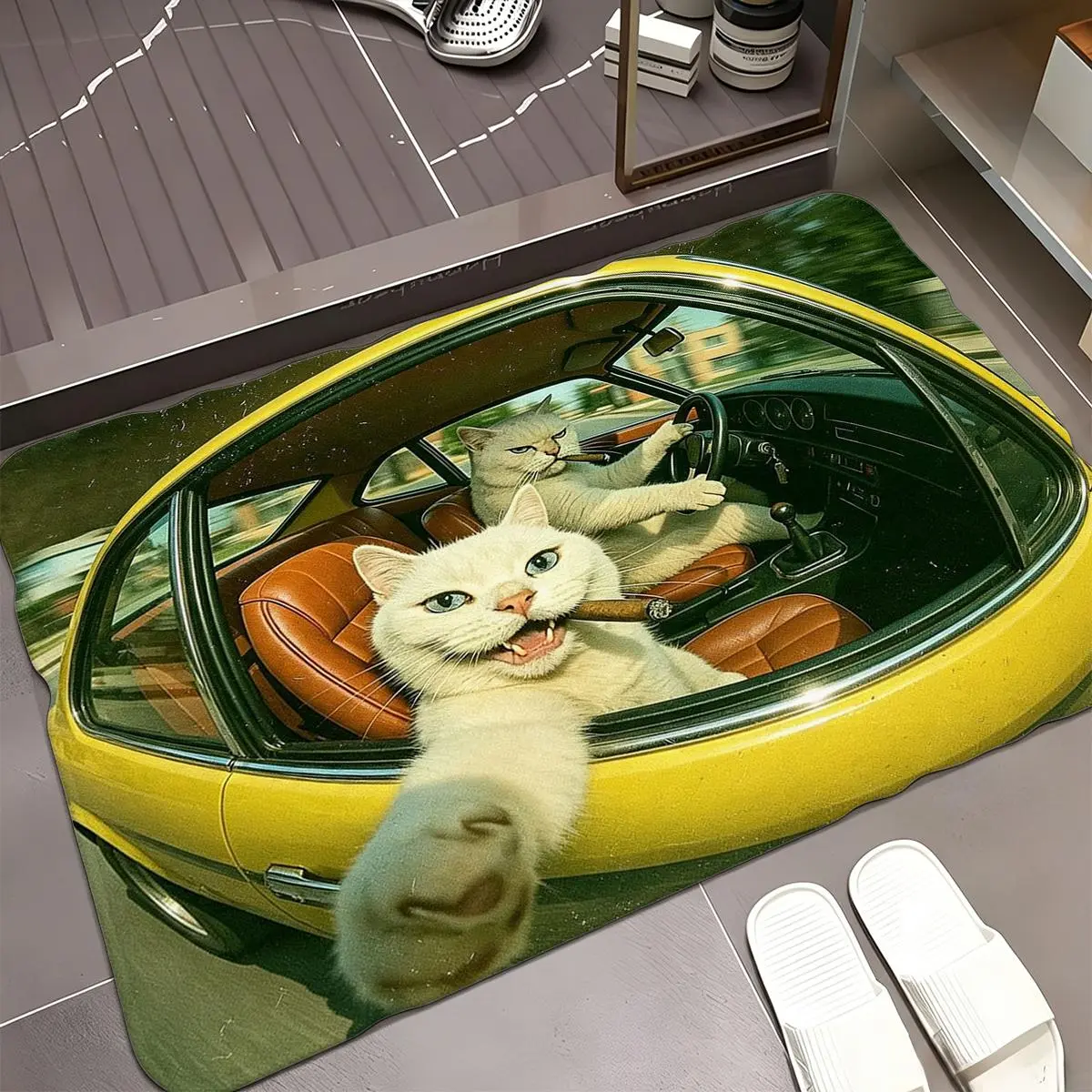 Cool White Cats Driving Yellow Retro Car Selfie Flannel Doormat Funny Cat Cigar Non Slip Floor Rug 16×24/20×31/24×36in Bathroom Entry Decor Mat For Cat & Car Lovers