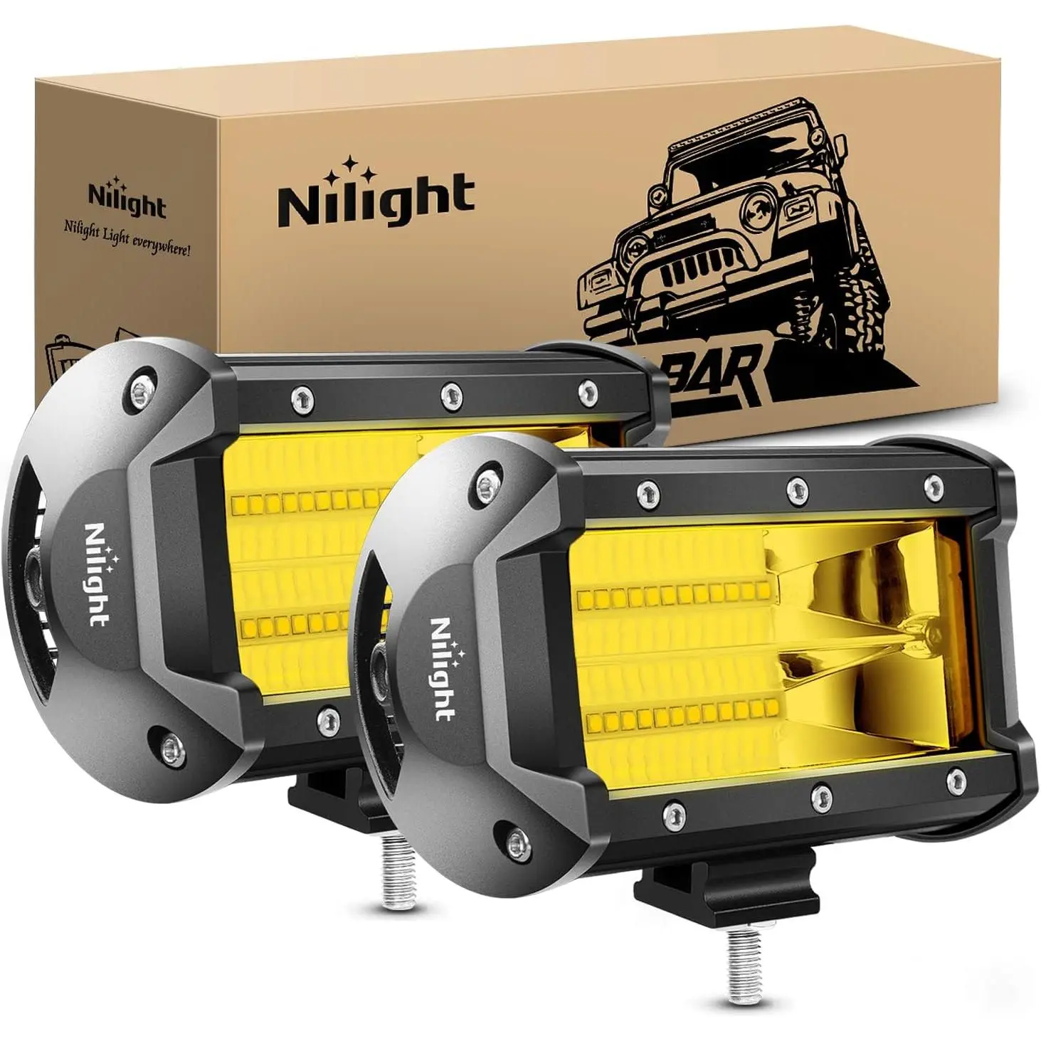 Nilight 2PCS 5Inch 72W Double Row Wide Beam Amber Flood LED Bars, 10800Lumens Driving Fog Units with Aluminum Alloy Sliding Mount, Waterproof Off Road Accessory to Light Up Your Space for Trucks
