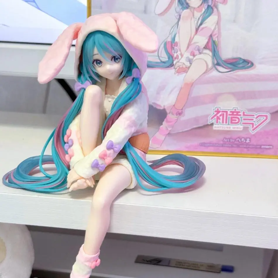 14cm Anime Merch Hatsune Miku Noodle Stopper Figure Pink Bunny Ear Pajamas Ver. & Standing Ver.PVC Model Doll Desktop Decoration