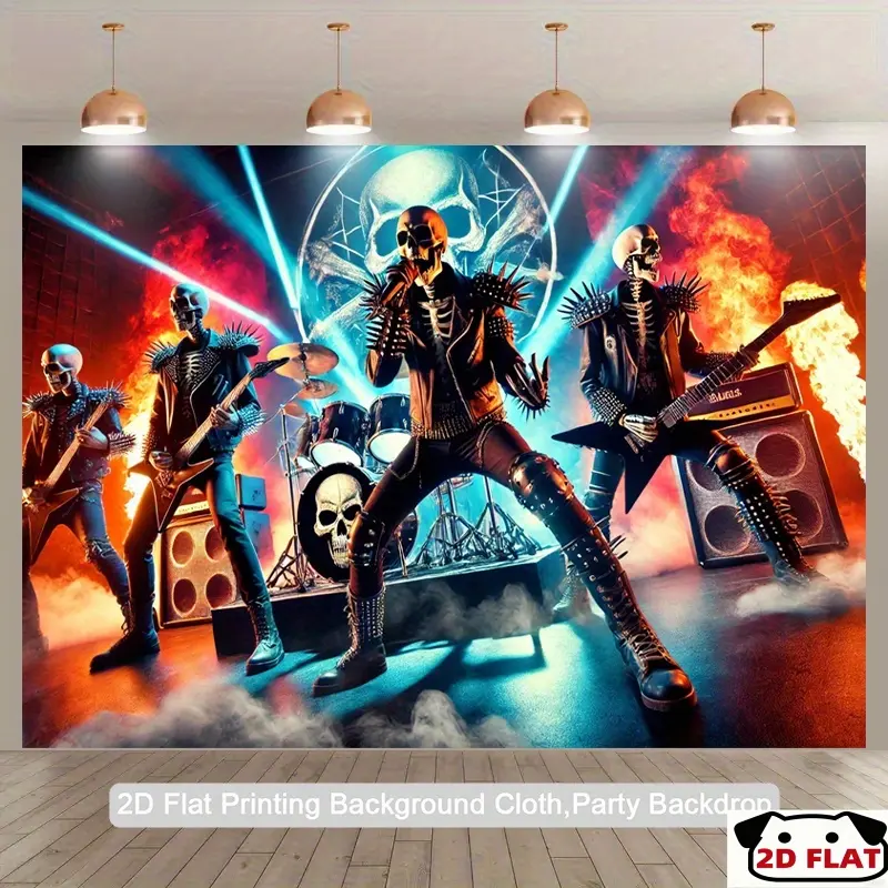 2D Flat Banner 1pc, Rock Band Backdrop - Gothic Heavy Metal Stage Poster Skull Masks, Flames & Spikes - Durable Photography Background Birthday, Halloween, Concert Party Decorations - Indoor/Outdoor Banner Photo