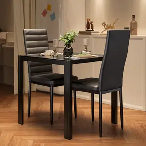 Gizoon 3 Piece Glass Dining Table Set, Kitchen and Chairs for 2, PU Leather Modern Room Sets for Home, Kitchen, Living Room