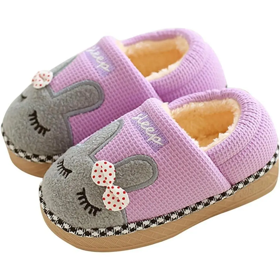 Toddler Boys & Girls' Cartoon Velvet Slippers, Warm Slip On House Shoes with Non-Slip Rubber Sole for Indoor Winter Wear, Cotton, Cartoon Print, Pull On, Put On Style