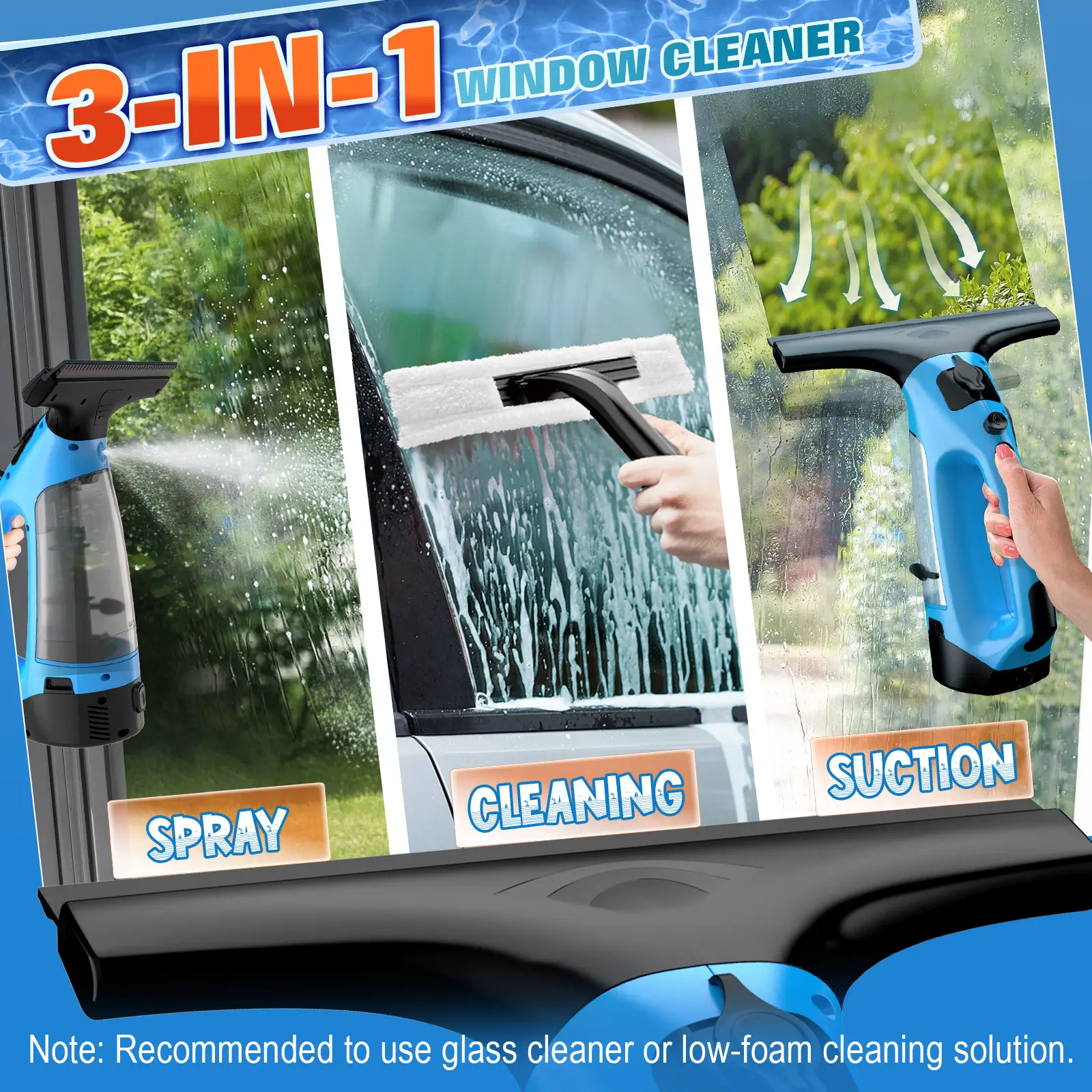 3-in-1 Rechargeable Wireless Window Vacuum Cleaner, 10in Squeegee Blades, 1x Spray Bottle, 1 Pair Rubber Gloves, 1x Microfiber Cloth, 1500 Pa Suction, 4.33inch Width, 11.11inch Height - Home/Bathroom Supplies Gadget for Car Spraying,Wiping,Vacuuming