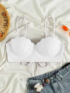 Women's Shell Pattern Bikini Top, Solid Color Swim Top, Fashion Chic Swimwear for Beach Holiday Vacation, Ladies Swimsuit for All Seasons