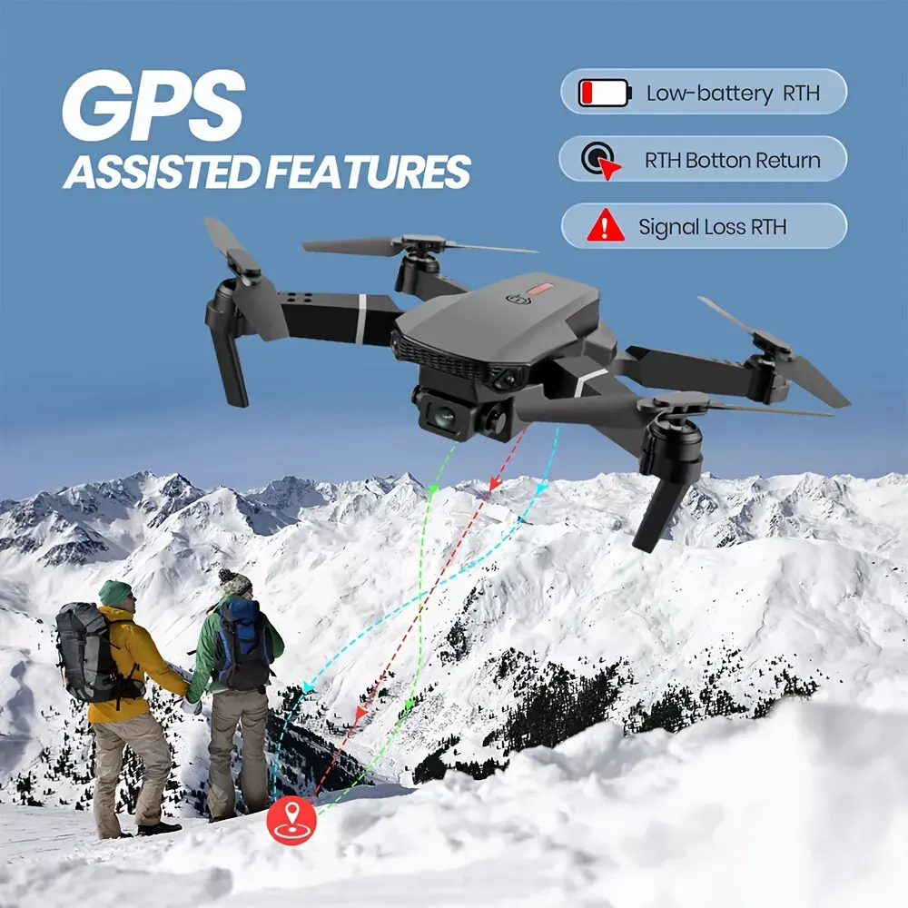 E88pro drone features a professional dual camera, 2 batteries for longer flight time, one-touch takeoff and landing, foldable design, and is an affordable entry-level RC drone suitable for beginners. It is a quadcopter remote control aircraft