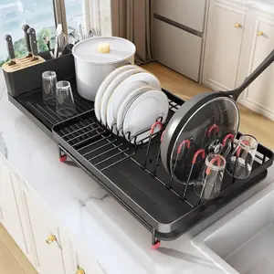 Dish Drying Rack, 16.5" to 27" Expandable Multifunctional Extra Large Dish Strainers with Cutlery & Pan Holders, Anti-Rust Design Organiser