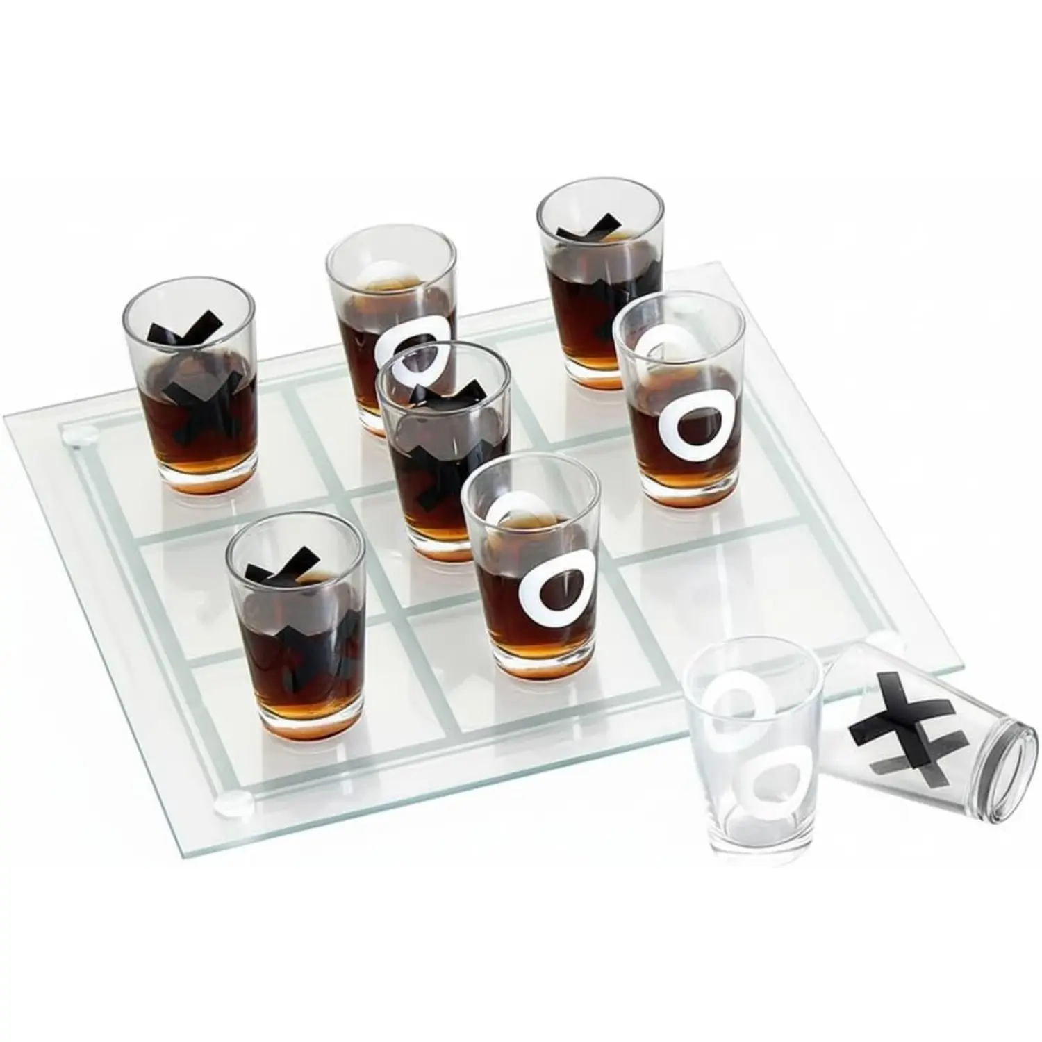 Tic Tac Toe Shot Glass Game Set – Adult Party Tabletop Game with Glass Board & 9 Reusable X/O Shot Glasses, Fun Novelty Gift for Friends & Family