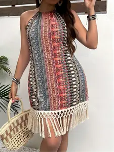 【Plus Size】 All Over Print Fringe Trim Halter Dress, Halter Neck Boho Bohemian Sleeveless Backless Short Dress for Beach Holiday Vacation, Women's Casual Wear Clothes for Summer, Boho Style Dresses