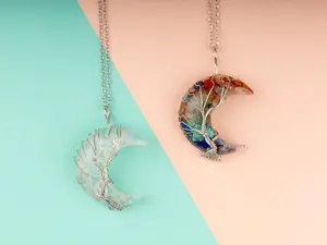 Tree of Life Resin Moon Wire Wrapped Pendant Crystal Necklace with 18-20" Adjustable Chain, Natural Crystal Jewelry Gift, 7 Chakra, Opalite