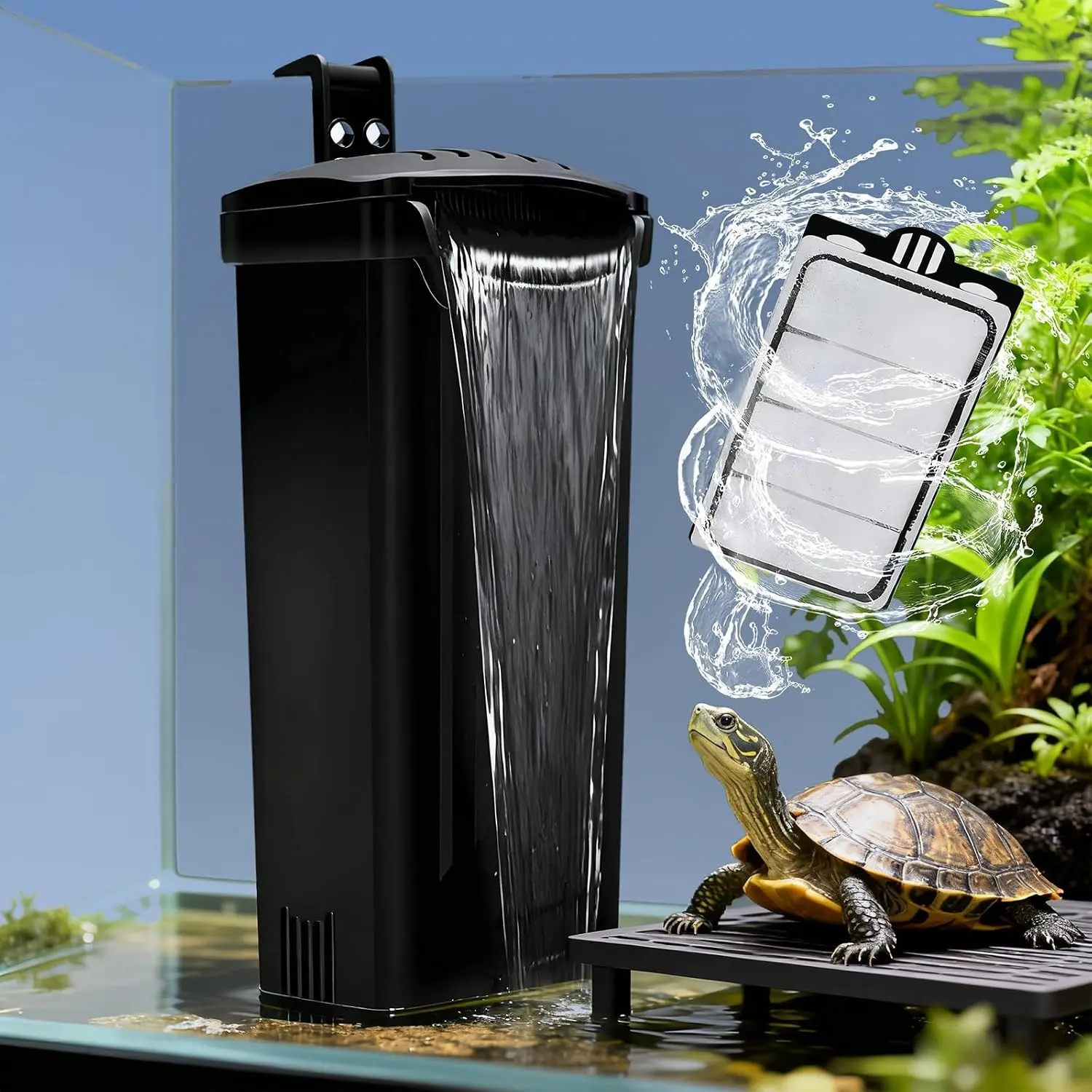 Small Aquarium Filter, Fish Tank Filter, Turtle Tank Filter,Ultra Silent 3.5W Low-Water Reptile Waterfall Filter for 1-15 Gallon (Black Filter)