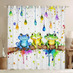 Frog Curtains & Drapes,Cartoon Animal Curtains,Watercolor Graffiti Blackout Curtains,Cute Kawaii Wildlife Curtains,Brown Branches Window Curtains