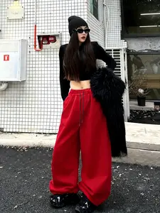 Bright red wide-leg sweatpants - Y2K street style trendy girl's loose casual pants, eye-catching streetwear bottoms Fitted