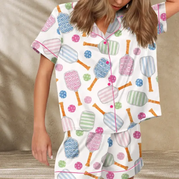 Pickleball WatercolorPajama Set - Fun Short Sleeve Top & Matching Shorts Featuring Colorful Pickleball Designs for Cozy Comfort