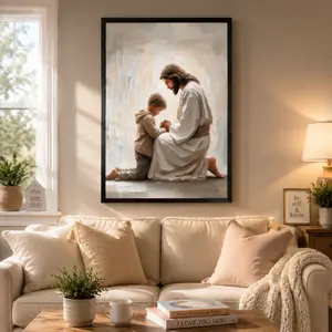 Jesus Praying With Child Canvas Wall Art Eco-Friendly Fade-Resistant Waterproof UV-Protected Vibrant Colors Frame-Style for Church Home Living Bedroom Dining Office Prayer Room Decor Artwork Canvas Wall Art, Christian Jesus Gift Home Decor