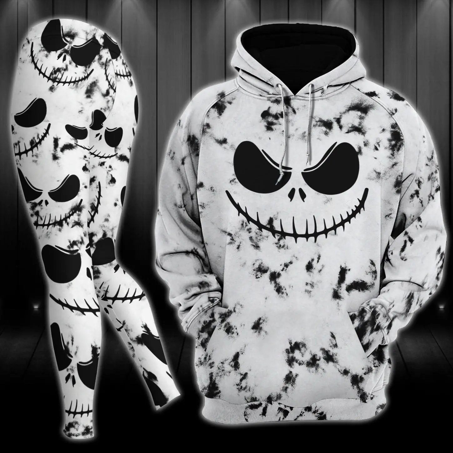 Cool Nightmare Tie Dye Hoodie and Leggings Set, Black White Skull Face Halloween Outfit, Gothic Spooky Matching Tracksuit, Horror Lover Gift