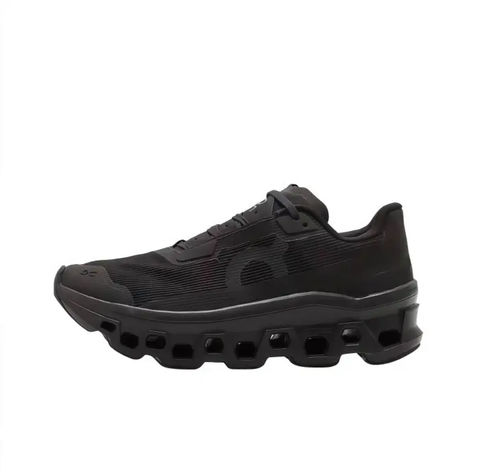 Road running shoes all‑black tech woven upper rugged hollow chunky midsole impact‑resistant cushion stable support lightweight outdoor trail jogging workout streetwear unisex sport footwear