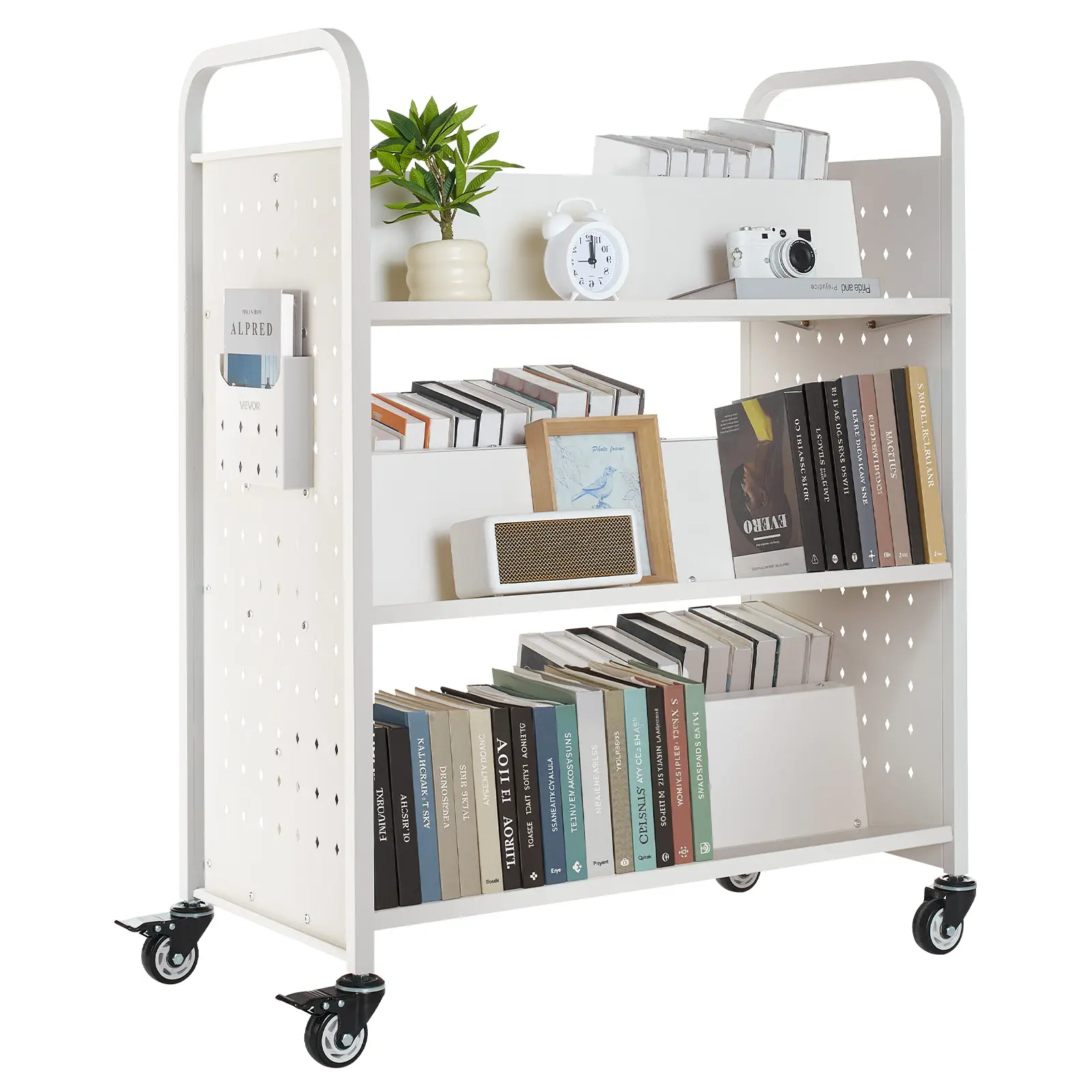 【SummerFinds】VEVOR Rolling Library Book Cart Lockable Organizer, 330 lbs Capacity, 38.2x20.3x48.2-in Multilayer W-Shaped Double-Sided Shelves, 3-in Lockable Wheels, Easy Installation Racks for Home & Office, White, Multilayer Shelf