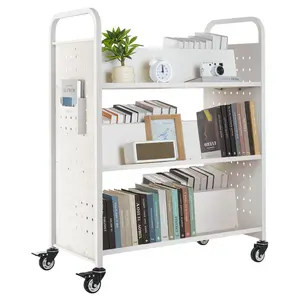VEVOR Rolling Library Book Cart, 330 lbs Capacity, 38.2 x 20.3 x 48.2-Inch Library Cart, Double Sided W-Shaped Shelves with 3-Inch Lockable Wheels, Book Truck for Home Shelves Office and School, White