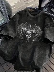 Heavyweight Oversized Acid Wash Graphic Tee - Grunge Streetwear Y2K Cyber-Tribal Metal Print T-Shirt, Premium Mineral W