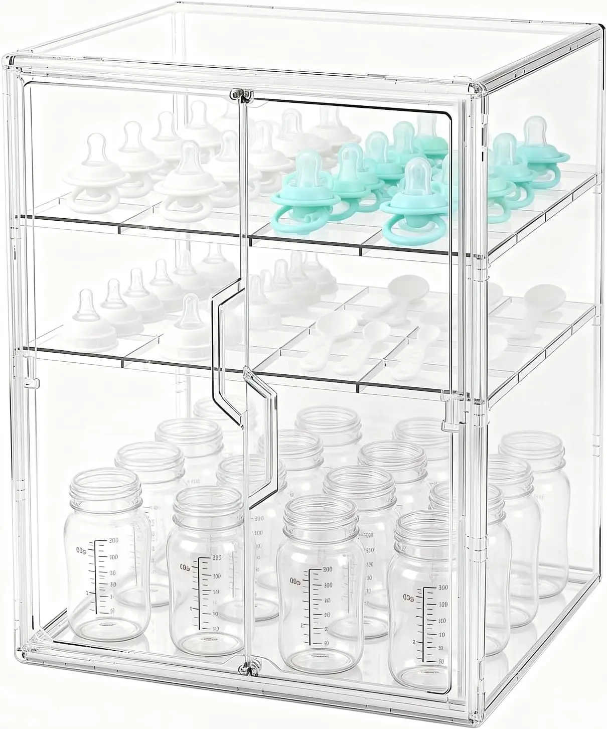 Baby Bottle Organizer, 3-Tier Bottle Storage for Countertop with Double Magnetic Doors, Clear Plastic Bottle Station Organizer Mom Gifts with 2 Dividers for Kitchen, Bathroom, Cabinet, Vanity