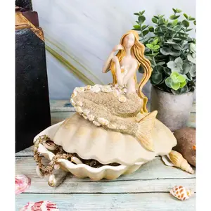 Ebros Gift Sand Brown Abstract Mermaid Sitting On Giant Sea Shell Jewelry Box Figurine with Sea Shell Ornaments 7" High