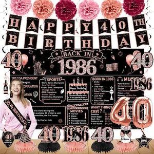 40th Birthday Decorations for Women, 21pcs 1986 Banner Balloon Party Supplies, Rose Gold 40 Year Old Birthday Backdrop, 40 Bday Honeycomb Centerpiece Hanging Swirls Sash Gifts