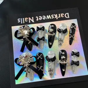 Y2K style black bowknot press on nails