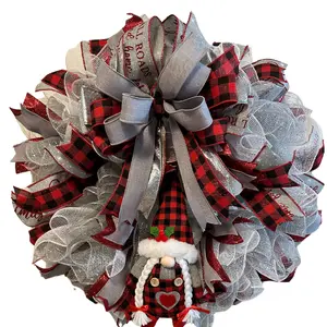 Festive Christmas 24" Round Gnome Wreath with Buffalo Plaid Ribbon for Exterior or Interior Home Decor