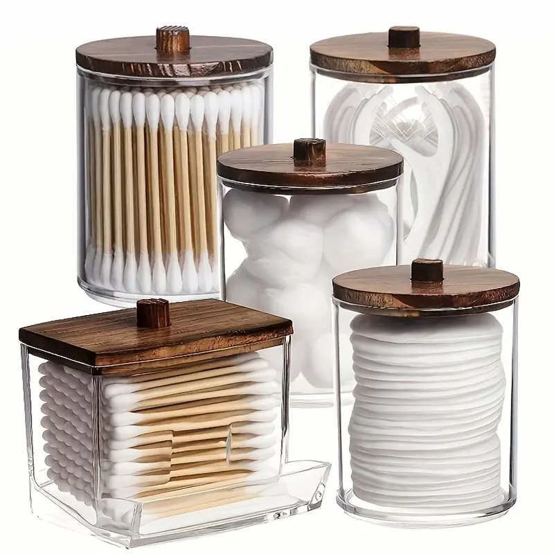 3/4/5 Cotton Swab Box Dispenser, Clear Wooden Lid Pill Bottle Container with Lid, Toilet Bathroom Jar, Cotton Ball Cosmetic Case, Cotton Swab, Floss, Bathroom Additions, Bathroom Storage & Organizing