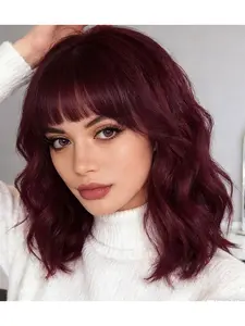Red Wig with Bangs Short Curly Bob Wine Red Wigs for Women 14 Inch Shoulder Length Natural Looking Wavy Synthetic Hair Replacement Wigs for Cosplay Party Use