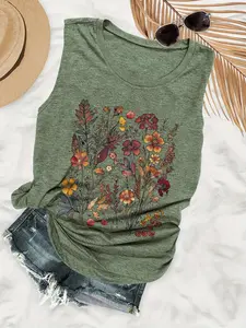 Women's Floral Print Round Neck Tank Top, Vintage Trendy Casual Boho Bohemian Elegant Chic Sleeveless Top for Daily Wear, Vest Top, Ladies Tops for Summer, Summer Clothes Women, Womenswear, Fitted Feminine, Soft Top Women