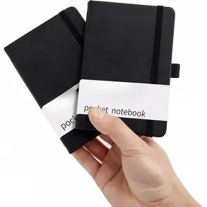 2Pack Pocket Notebook Small Notebook Journal Notebook 4 inches x 5.7 inches 200 Pages Leather Cover With Pen Holder Page Marker Ribbons(Black)