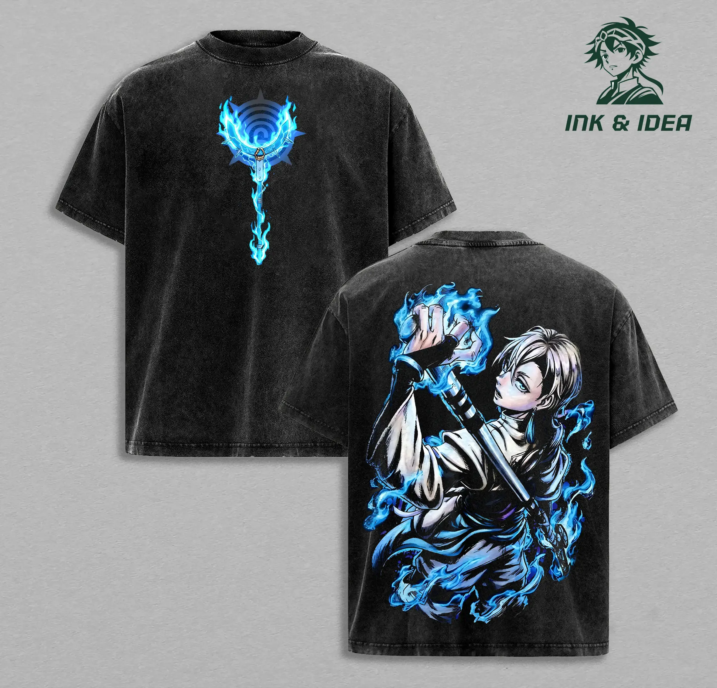 Zanka Gachiakuta Anime T Shirt Blue Flame Weapon Power Back Graphic Dark Fantasy Artwork Vintage Washed Oversized Japanese Streetwear Heavyweight Cotton Unisex Manga Tee Cool Alternative Fashion Casual Apparel Fan Gift