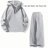 Men's Solid 2 Piece Athletic Tracksuit Set Half Zip Hooded Long Sleeve Top, Wide Leg Track Pants, 100% Polyester Gym Sets, Casual Matching Sportswear Apparel