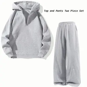 Unisex two-piece set: half-zip hooded sweatshirt + wide-leg athletic pants; casual sportswear, everyday casual wear, streetwear outfit.
