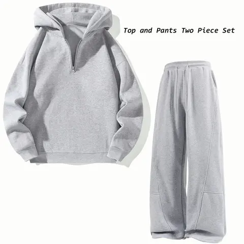 Men's Solid 2 Piece Athletic Tracksuit Set Half Zip Hooded Long Sleeve Top, Wide Leg Track Pants, 100% Polyester Gym Sets, Casual Matching Sportswear Apparel