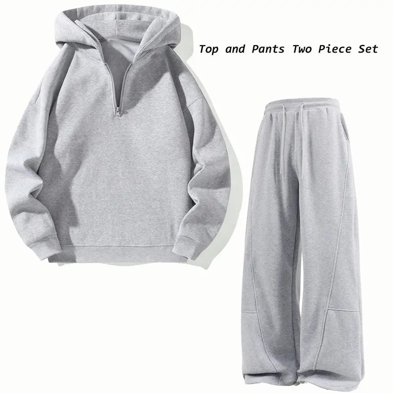 Men's Solid 2 Piece Athletic Tracksuit Set Half Zip Hooded Long Sleeve Top, Wide Leg Track Pants, 100% Polyester Gym Sets, Casual Matching Sportswear Apparel