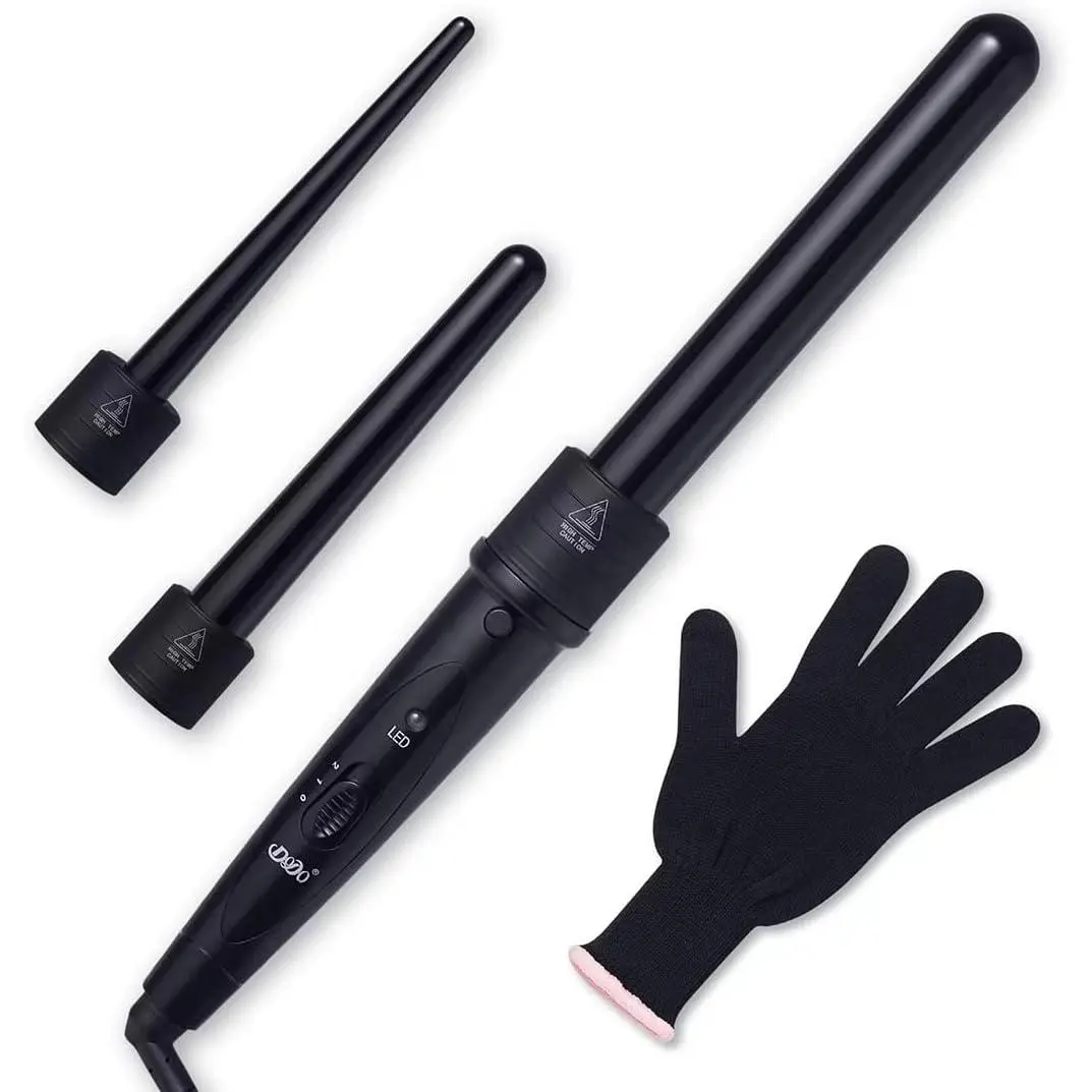Women's 3-in-1 Hair Curler Tool - Adjustable Ceramic Curler, 3 Interchangeable Ceramic Barrels, Heat-Resistant Glove, Camping & Hiking Camp Kitchen Accessory, Ideal Gift for Curls and Waves (Black)