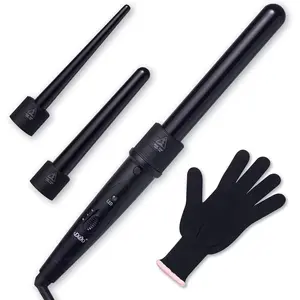 3 in 1 Curling Wand Set with 3 Interchangeable Curling Iron Ceramic Barrels with Heat Resistant Glove for Gifts for Women – Black