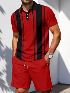 Men's Business Casual Set, Stripe Printed Short Sleeve Polo Shirt + Shorts Two-Piece Set, Slim-Fitting, All over Print, Fashionable
