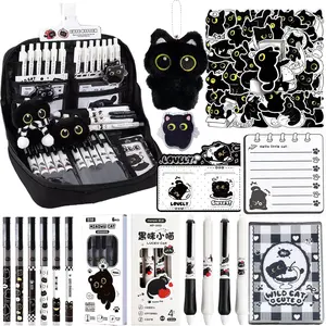 Cute Black  Pencil Case With 12 Compartments- Set Includes Black Pencil Case,Ball-Point Pen, Plush , Stickers, Clips, Notebook, Bookmark and Sticky note.