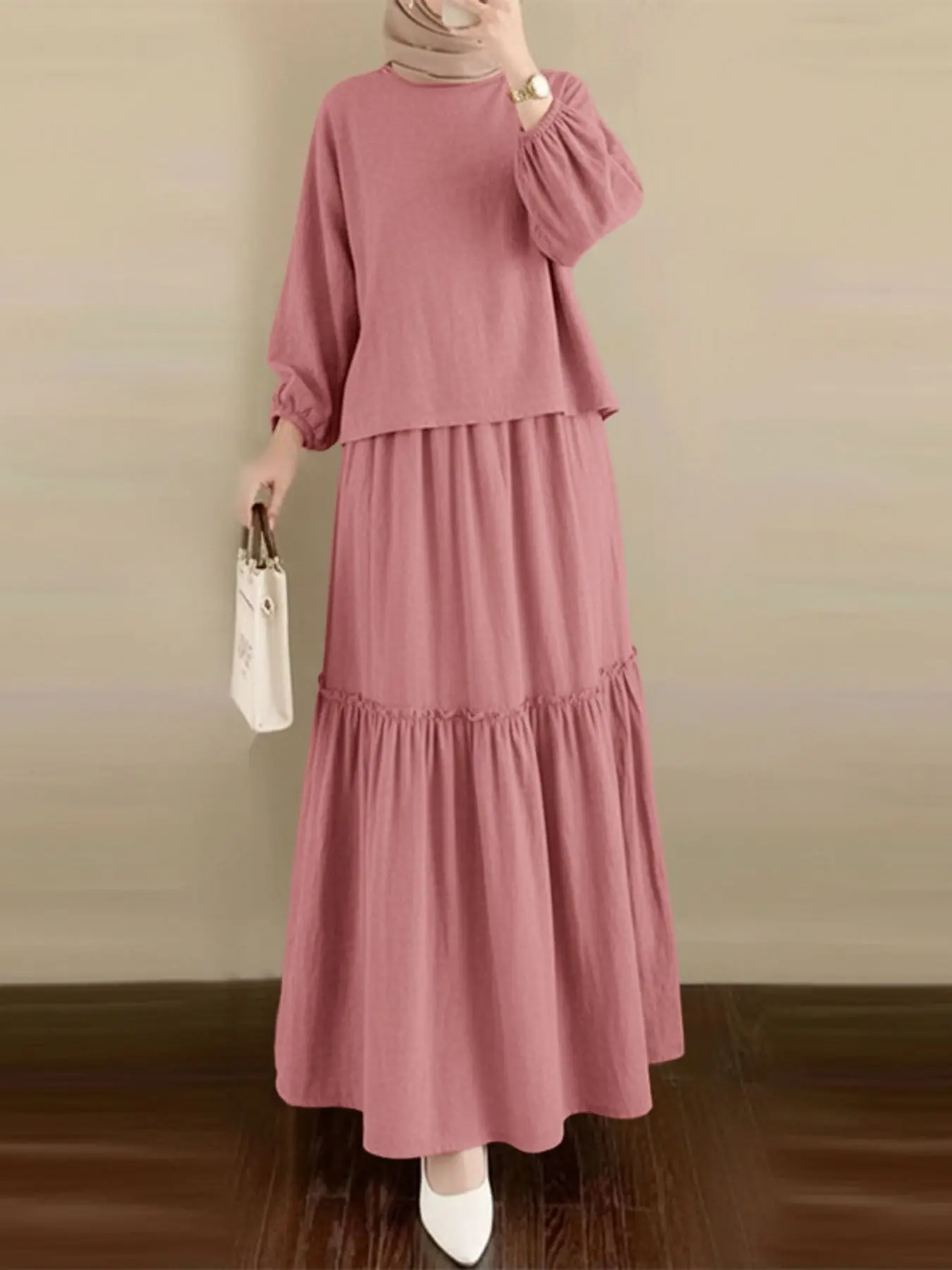 Women's Casual Suit, Round Neck Long Sleeve Lantern Tunic Top, High Waist Elastic Waist Skirt, Button Back, Perfect for Daily Wear, Outfit Sets Women, Matching Set Outfit, Two Piece Set Women, Co Ord Set