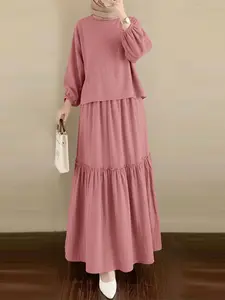 Women's Casual Suit, Round Neck Long Sleeve Lantern Tunic Top, High Waist Elastic Waist Skirt, Button Back, Perfect for Daily Wear, Outfit Sets Women, Matching Set Outfit