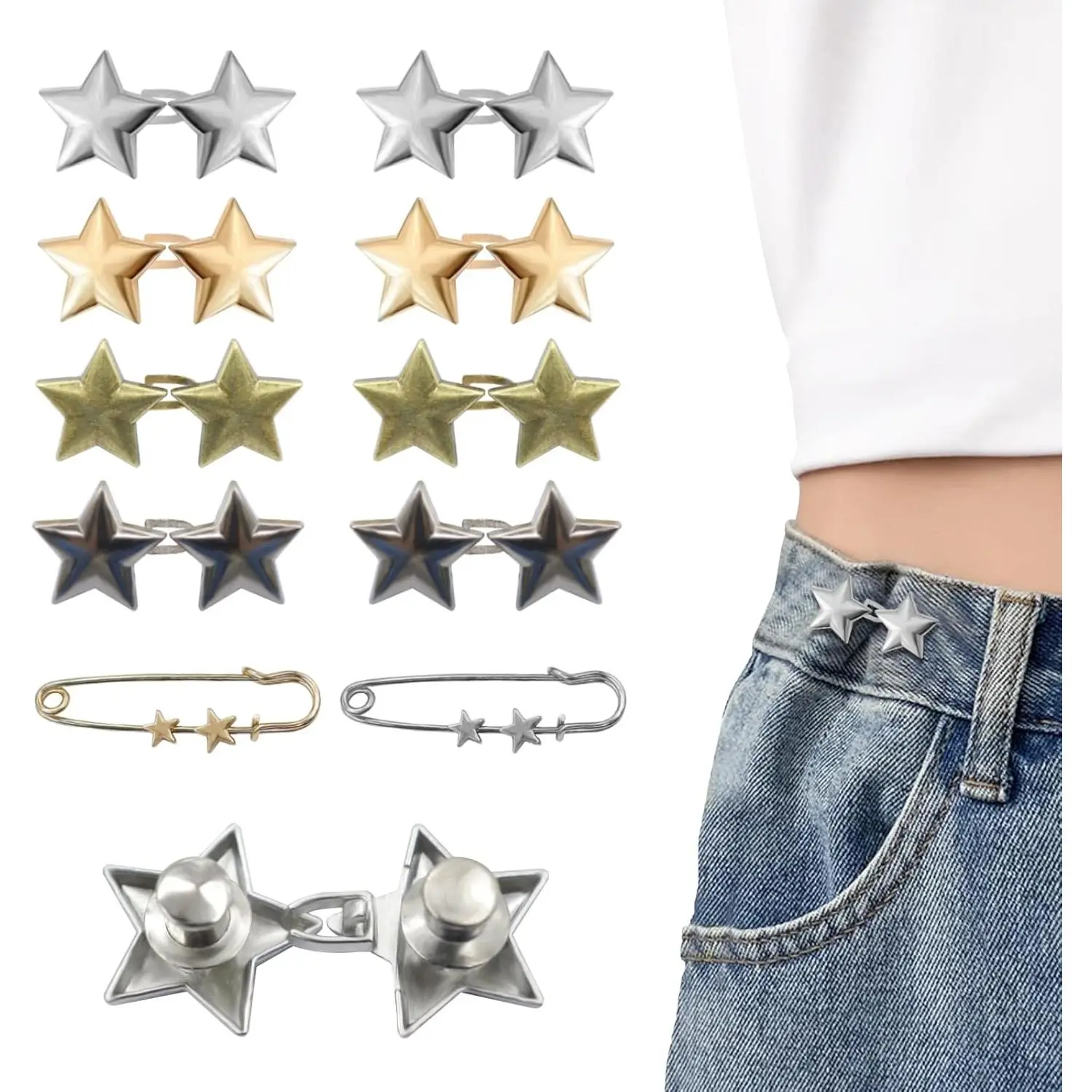 Pant 10  Buttons Pins Set -  Cincher Clip for Loose Jeans with No Sewing, Metal  Design for Decoration