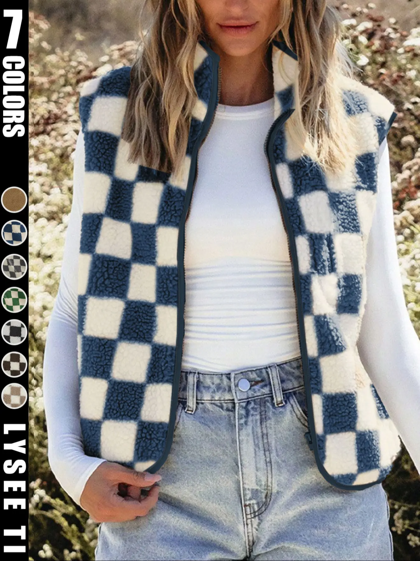 Ins style Aesthetic checkerboard Plaid plush vest women's autumn and winter outerwear short style Casual shoulder retro square grid loose vest jacket top Womenswear Fitted soft vest