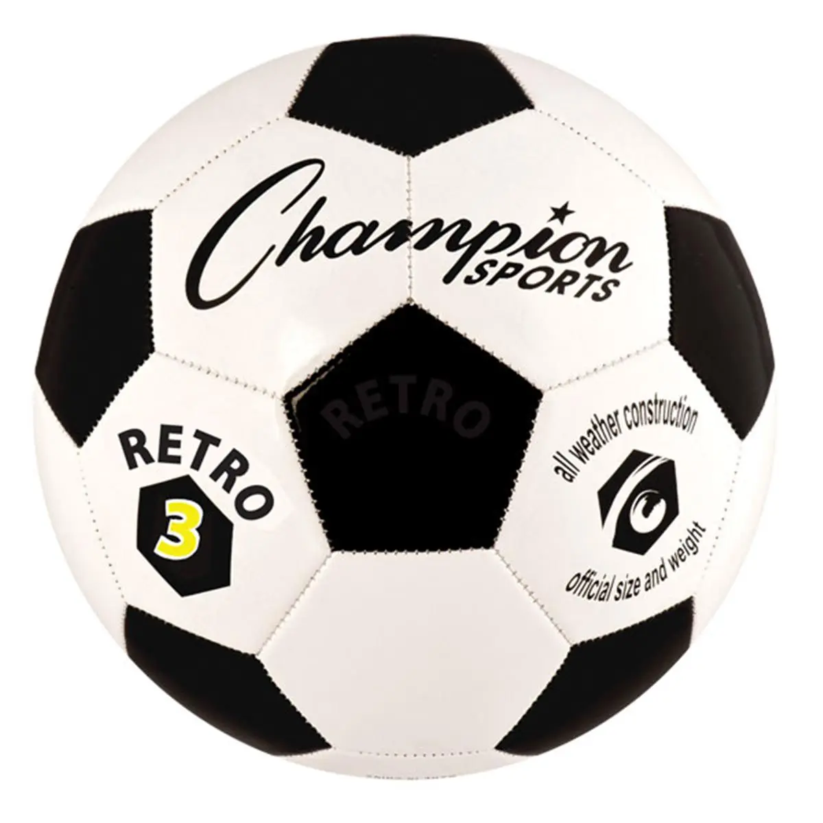Champion Sports Official Size 3 Retro Futsal Soccer Ball - Black & White, 32-Panel Machine Stitched, 7.25" Diameter, All-Weather Play, Classic Old-School Design, Fitness Training Equipment