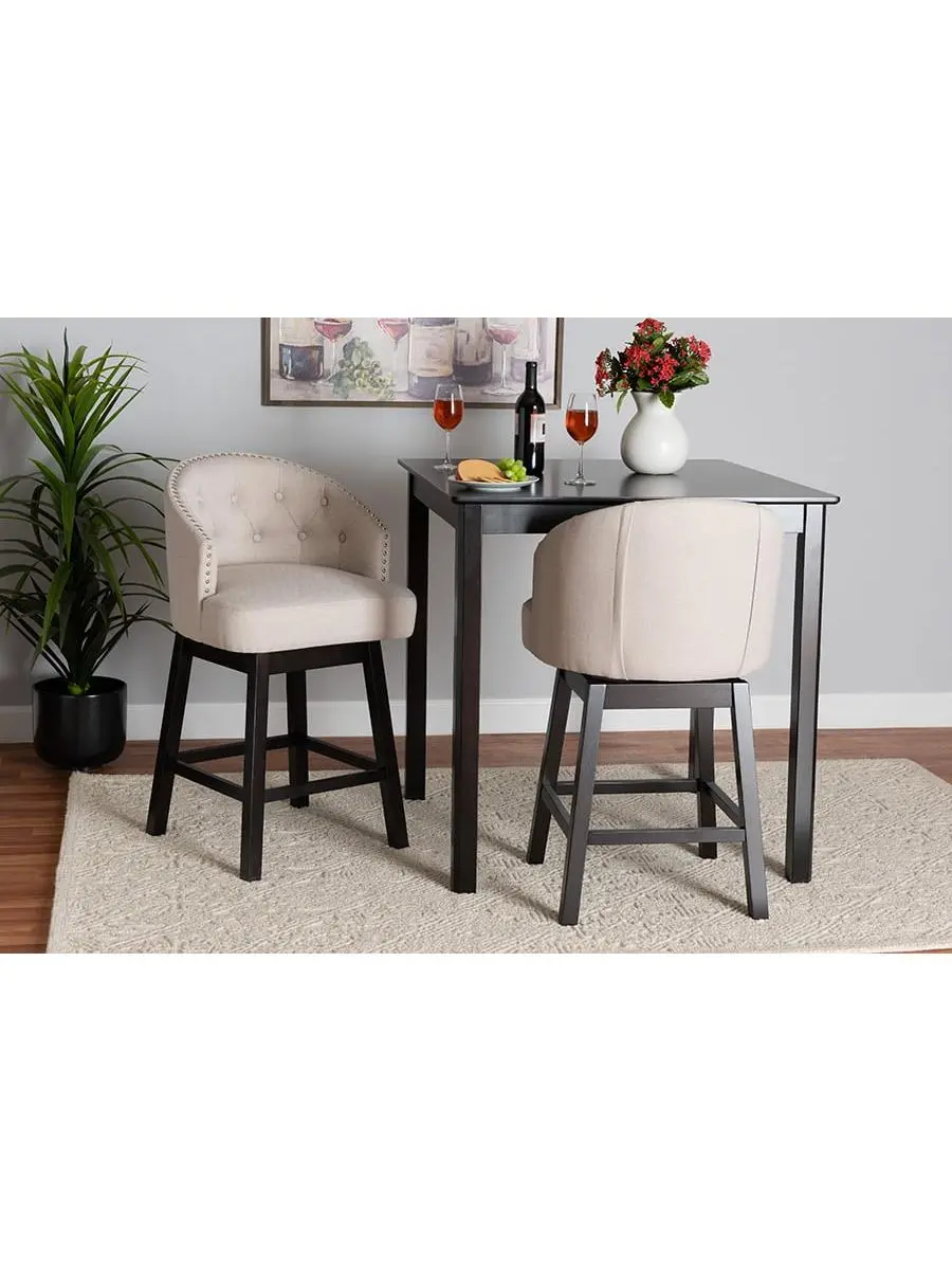 212 MAIN 2-Piece Theron Mid-Century Transitional Swivel Counter Stool Set, Light Beige Fabric & Espresso Brown Wood, Curved Back, Button Tufted, Swivel Base, 21.7x21.7x37.2in, Two Piece Sets, Fabric & Wood
