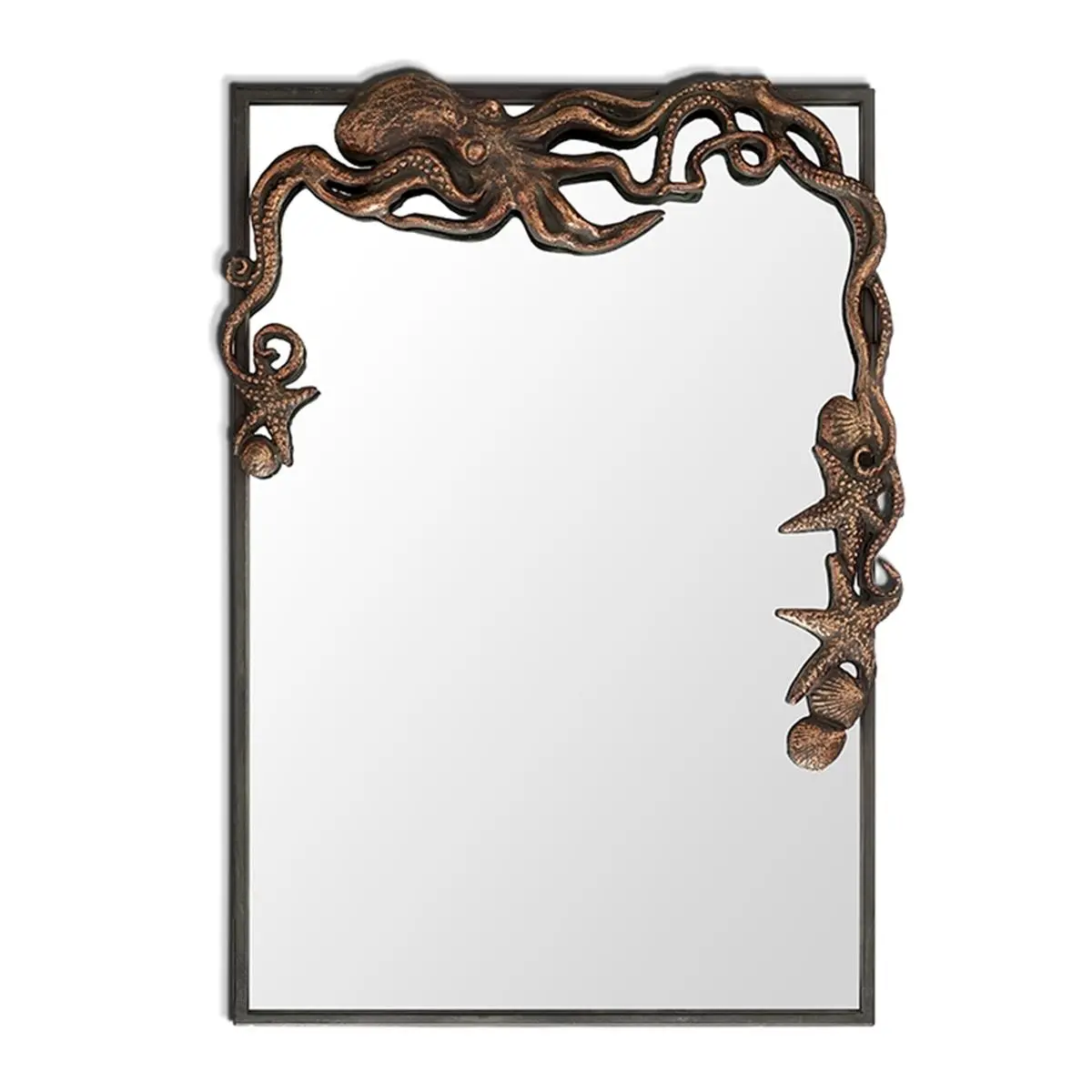 212 MAIN Rectangular Mirror, Coastal Cast Iron Octopus Frame with Starfish Accents, Bronze Decorative Wall Decor, 29 x 20 in, Decorative Mirrors, Home Decorative Mirror