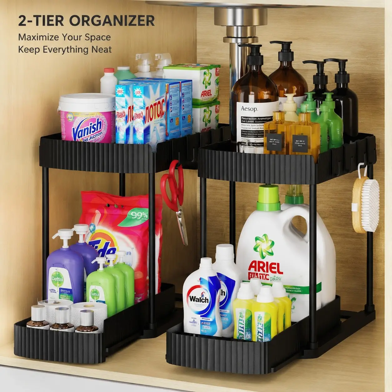 Pull-Out Under Sink Organizer 2 Pack, Sliding Cabinet Storage Rack, Multi-Purpose Bathroom & Kitchen Organizer, 2-Tier Under Cabinet Storage, Black, 12.8 Inch